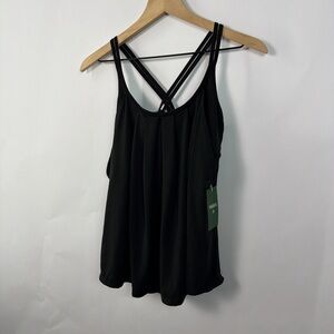 Halara Built In Bra Tank M Black Crisscross Back Flowy Draped Top NWT